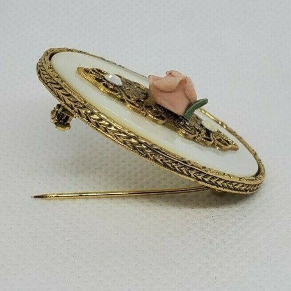 Pink Rose Marble Gold Tone 1.5" Pin Lapel Brooch - Picture 7 of 8